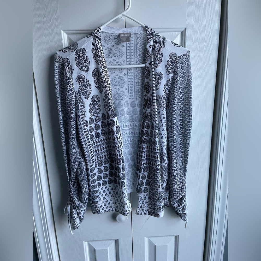 Chicos Womens White Black Paisley Print Open Front Cardigan Sweater Size 0 (S/4)